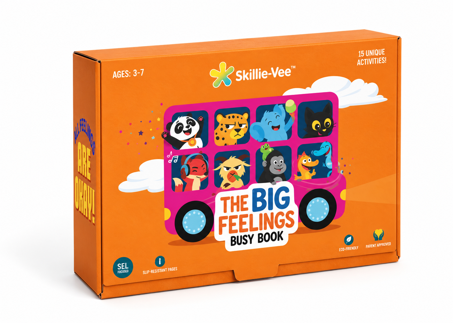 The Big Feelings Busy Book box, showing character illustrations on a pink bus