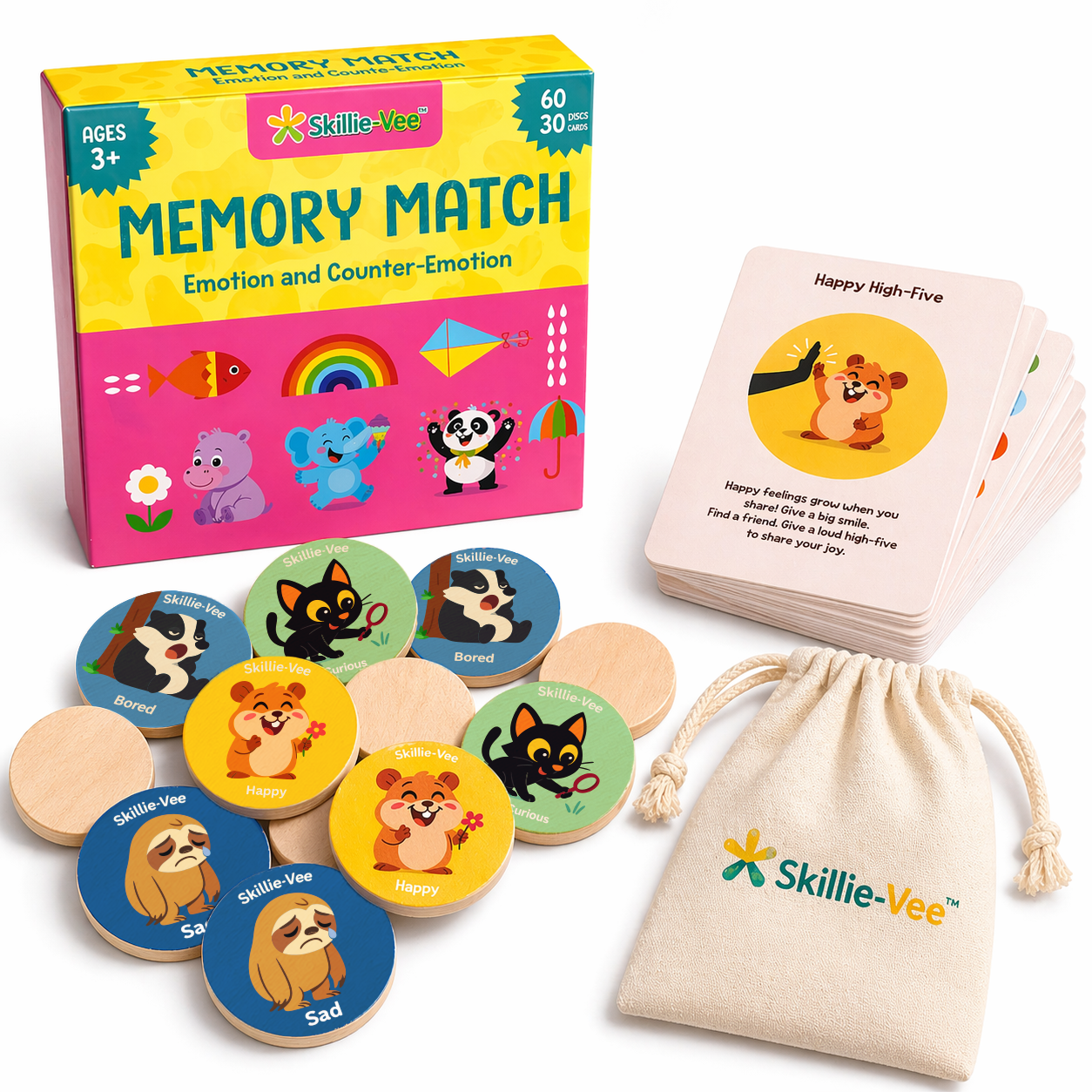 Big Feelings Memory Match box with discs, cards and drawstring bag
